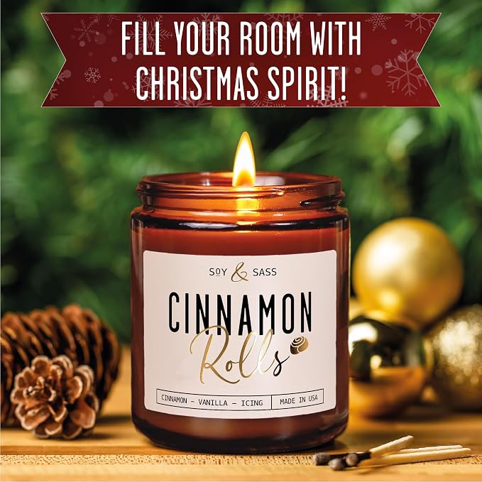 Cinnamon Candle, Fall Candles, Christmas Candles - 'Cinnamon Rolls' Autumn Scented Soy Candle for Home, 9oz Reusable Jar, 50Hr Burn, Made in USA