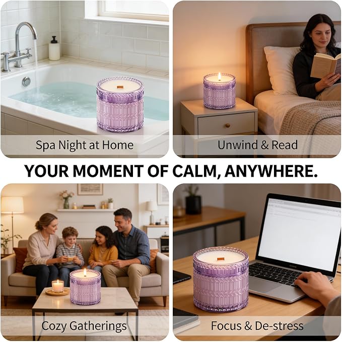 Hidden Label Lavender Scented Candle with Crackling Wooden Wick, 7.4 oz Soy Wax Jar Candle for Bedroom, Bathroom, Spa & Yoga, 55 Hour Small Candle Gift for Women