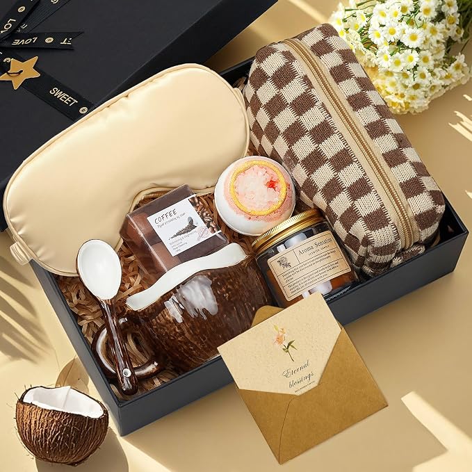 Golray Spa Gift Set for Women, Brown Relaxing Bath Gift with Coconut Mug & Coffee Soap, Women Care Package Get Well Soon Gift, Unique Mothers Day Gifts Idea for Mom Her Friends Sister Wife