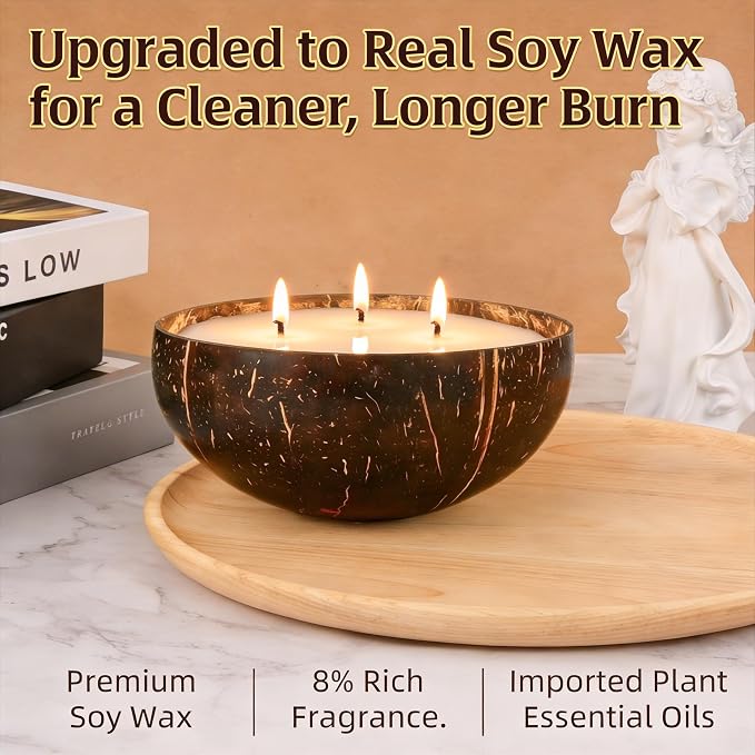 Viyffo Creamy Coconut Scented Candle, Large 18oz 3 Wick Non Toxic Soy Candles, Natural Coconut Shell Candle for Home, Soft & Creamy Aromatherapy for Relaxation & Spring Décor, Gift for Women & Men