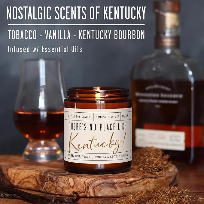 Kentucky Gifts, Kentucky Decor for Home - 'There's No Place Like Kentucky Candle, w/Tobacco, Vanilla & Kentucky Bourbon I Kentucky Souvenirs I Kentucky State Gifts I 9oz Jar, 50Hr Burn, USA Made