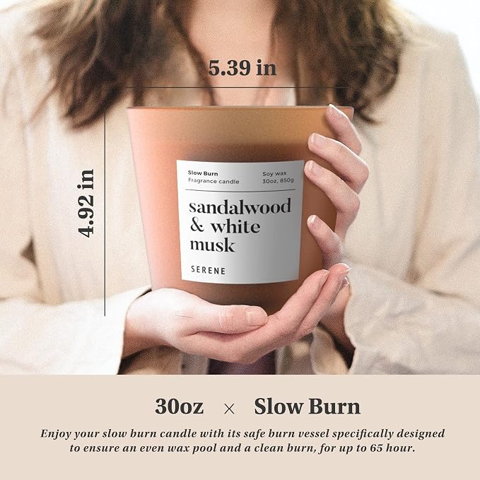 Hidden Label Sandalwood White Musk Scented Candle, 30oz Large 3 Wick Candle for Home, 120H Long Lasting Natural Soy Wax, Strong Scent Throw for Large Rooms, Non-Toxic Stress Relief Gift for Women