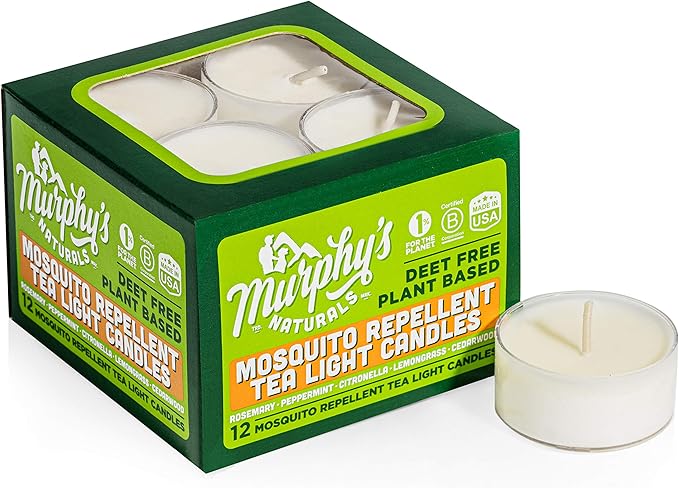 Murphy’s Naturals Mosquito Bug Repellent Tea Light Candles for Outdoor Patio, Citronella & Essential Oils, 4-Hour Burn Time Each, 12-Pack