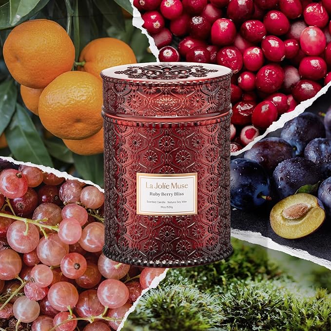 LA JOLIE MUSE Ruby Berry Bliss Scented Candles for Home,19 oz Natural Soy | Christmas Winter Holiday Decor, Large Luxury Red Jar Candle, Clean Non Toxic, Gift for Women,Men, Wood Wick, Orange,Cranberry