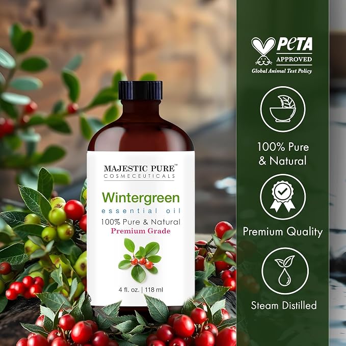 Majestic Pure Essential Oil with Glass Dropper - 100% Pure and Natural - Essential Oils for Diffuser, Aromatherapy, Soap and Candle Making, Wintergreen Essential Oil, Wintergreen Oil, 4 Fl Oz