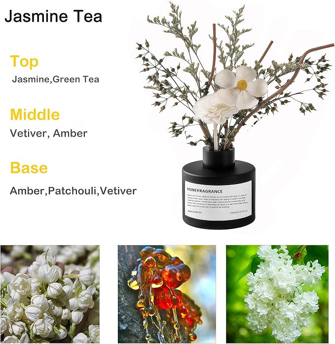 Reed Diffuser Set with Dried Flowers, 3.38fl.oz Fragrance Diffuser with Sticks, Scented Sticks Aroma Diffuser, Home & Office Décor for Air Fresheners, Bathroom (Jasmine Tea)