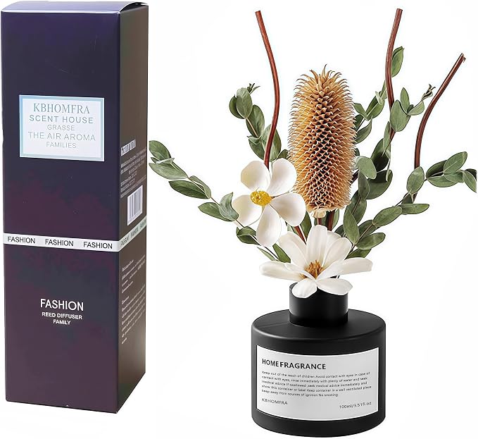 Reed Diffuser Set with Dried Flowers, 3.38fl.oz Fragrance Diffuser with Sticks, Scented Sticks Aroma Diffuser, Home & Office Décor for Air Fresheners, Bathroom (Pure White Gardenia)