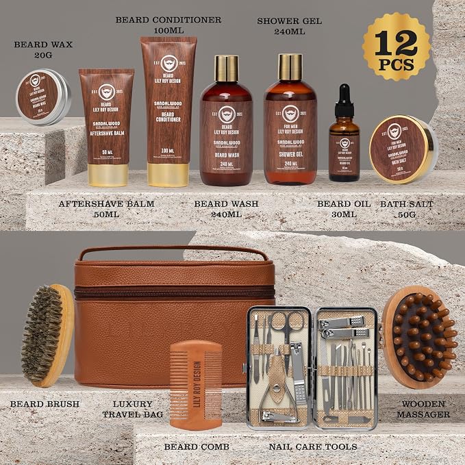 Fathers Day Gifts, Gift for Men, Spa Set for Men - Luxuious 30-Piece Sandalwood Bath & Beard Gift Set, Bath & Body Care Kit for Him | Christmas, Valentines Day, Birthday, Gift for Dad