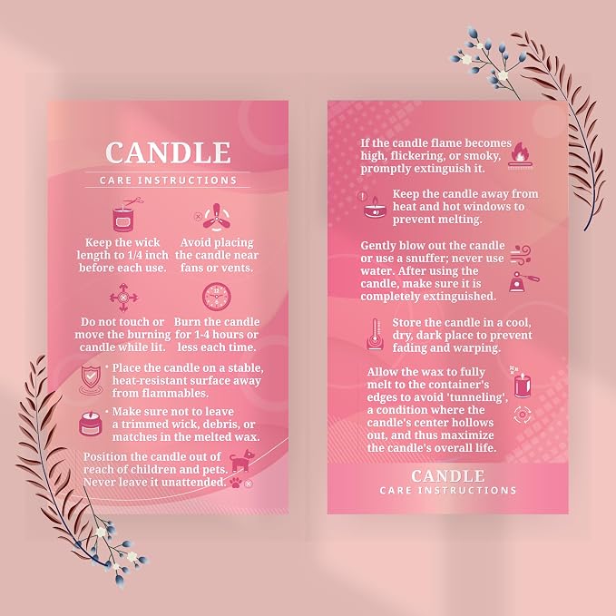 200 pack - Premium Handmade Candle Care Instruction Cards Pink 2x3.5 in, Small Business | Soy Bees Wax Melt, Candle Makers, Making Supplies Kit Set, Containers, Jars, Pot, Package