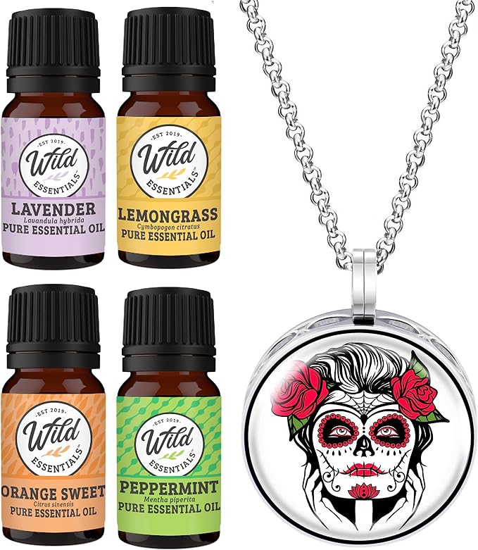Wild Essentials Sugar Skull Tattoo Necklace Essential Oil Diffuser Kit, Lavender, Lemongrass, Peppermint, Orange Oils, 8 Refill Pads, Calming Aromatherapy Gift Set, Customizable, Perfume