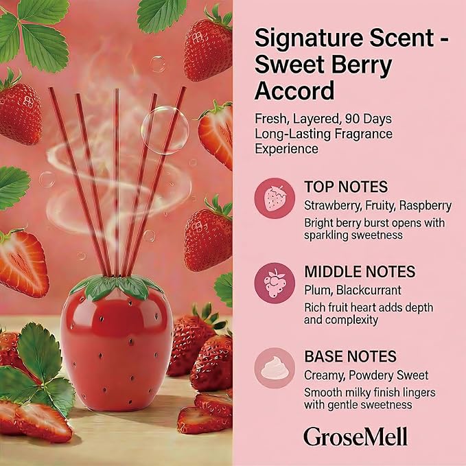 Strawberry Scented Reed Diffuser Set – 6.76 fl oz (200ml) with Sticks, Creative Strawberry-Shaped Ceramic Design for Home, Bedroom & Bathroom Decor, Long Lasting Aromatherapy Gift