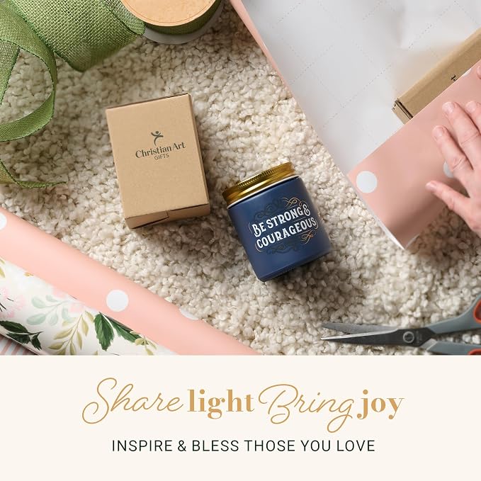Christian Art Gifts Soy Wax Scented Candle: Strong & Courageous Bible Verse, Fireside Blue Spruce Scent, Pure Essential Oils, 4.5oz, Up to 20 Hours Burn Time, Glass Jar w/Metal Lid, Encouragement Gift