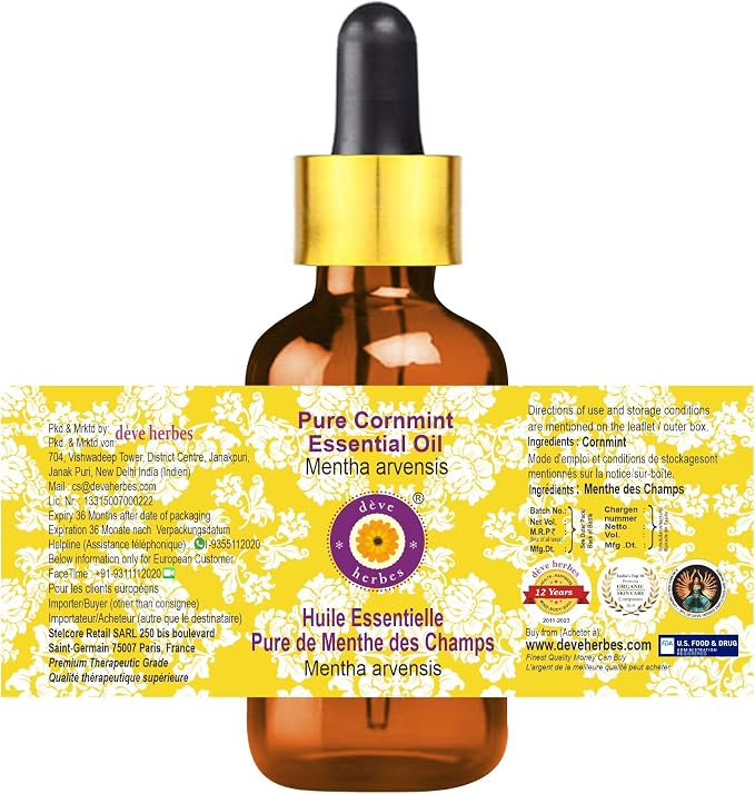 Deve Herbes Pure Cornmint Essential Oil (Mentha arvensis) with Glass Dropper Steam Distilled 30ml (1 oz)