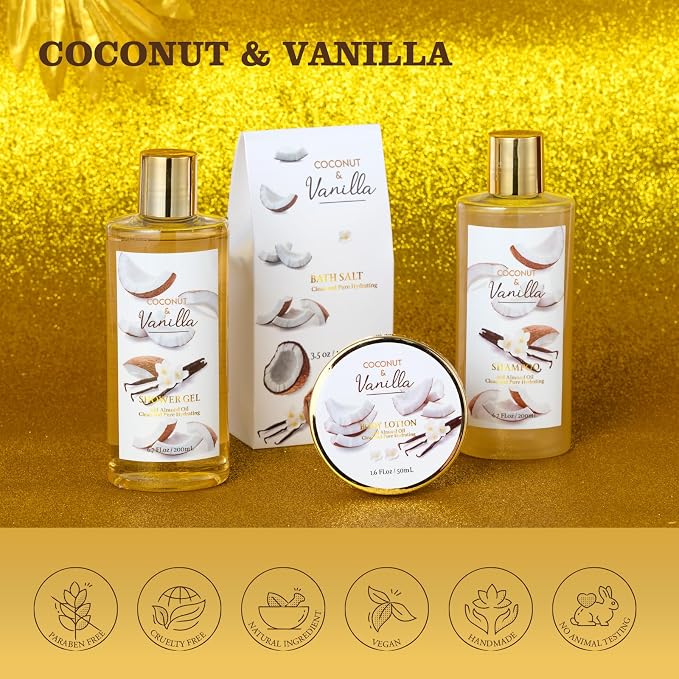 Spa Gift Basket for Women & Men Pamper Kit- 8-Piece Bath Kit Coconut Vanilla Bath & Body Gift Set for Women Self Care Spa Gift Baskets | Perfect Gifts Mom, Birthday Gift, All Occasion Holiday Present