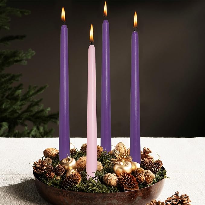 4 Pack MANNYCOM Advent Candles - 10 inch Unscented Smokeless Elegant Long Candle Sticks - 3 Purple 1 Pink Nativity Scene Candlesticks