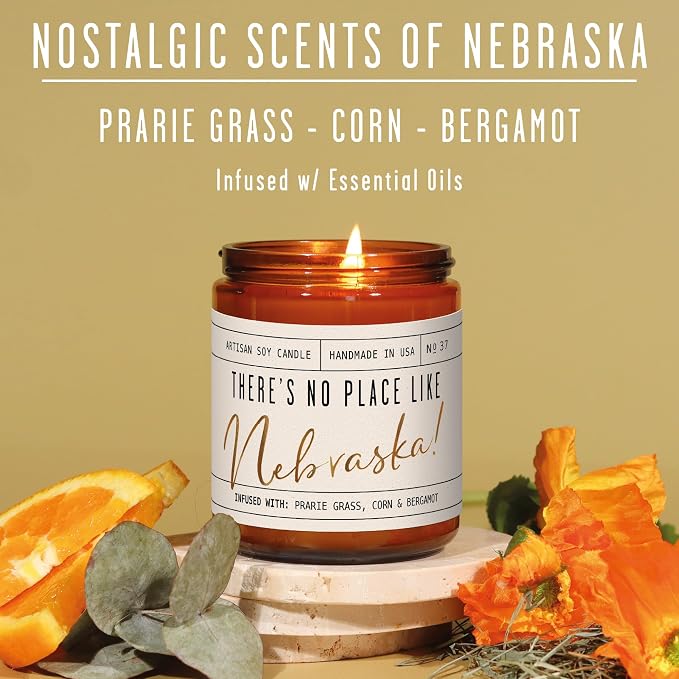 Nebraska Gifts, Nebraska Decor for Home - 'There's No Place Like Nebraska Candle, w/Prarie Grass, Eucalyptus, Corn & Bergamot I Nebraska Souvenirs I Nebraska State Gifts I 9oz Jar, 50Hr Burn, USA Made