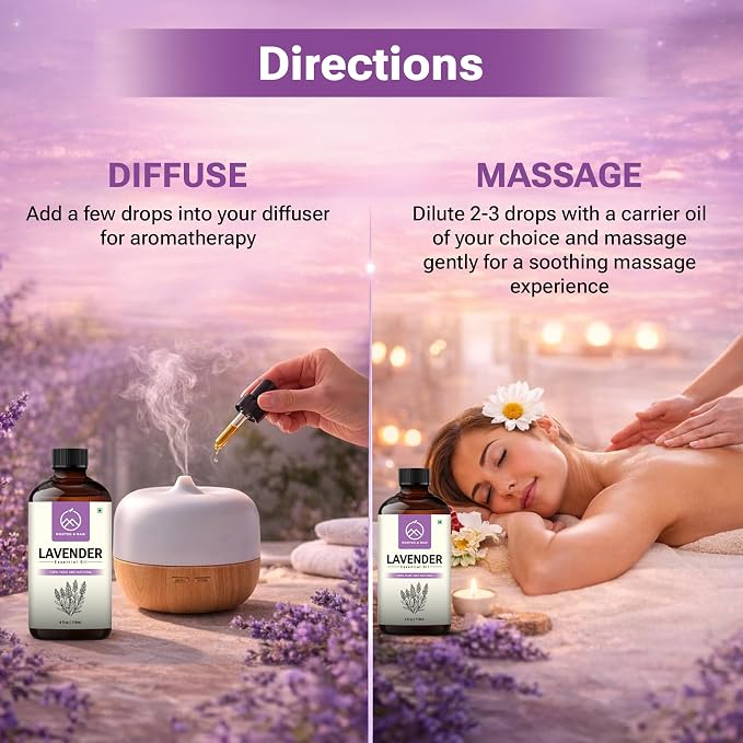 Lavender Essential Oil – Lavender Oil for Diffuser, Aromatherapy, Sleep, Skin & Hair – Large 4 fl oz with Glass Dropper – ROOTED & RAW