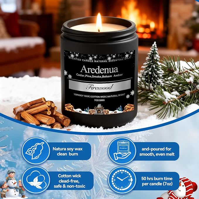 Firewood Candle – Winter Candles | Holiday Scented Candles, 7oz Jar Soy Candle for Home Scented - 50H Burn - Smoky Fireplace Cozy & Warm Scent, Christmas Holiday Décor Gifts for Women & Men