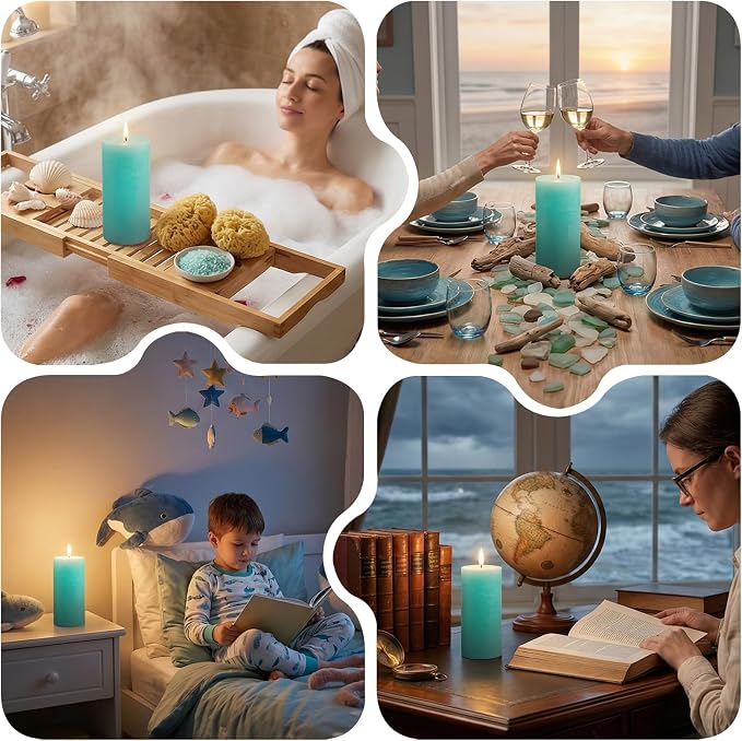 Ocean Breeze Scented Pillar Candle - 2.8x6 Inch, 75-Hour Burn, Textured Blue Coastal Candle with Sea Salt & Driftwood Fragrance, Luxury Air Freshening Aromatherapy Pillar for Home Relaxation