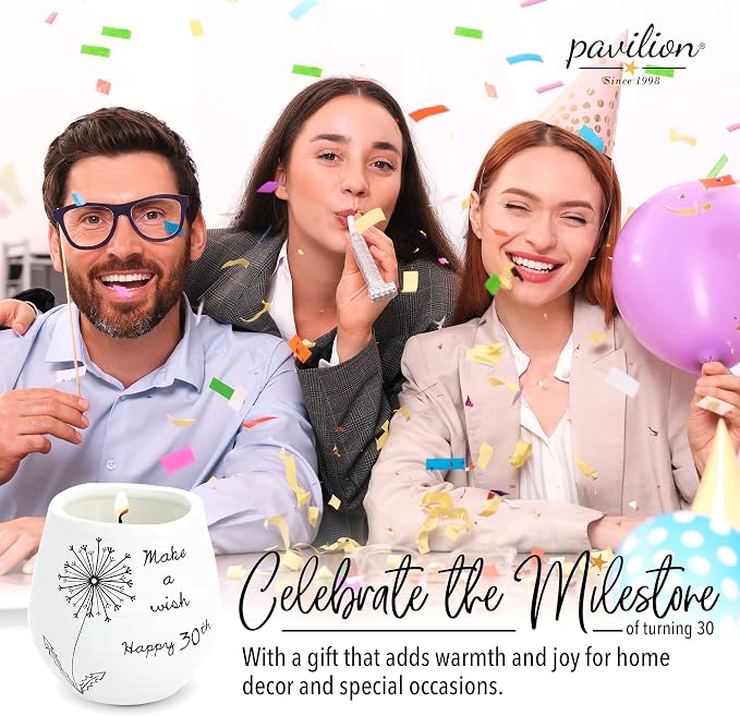 Pavilion Gift Company - 8 Oz Candle Holder - White Ceramic Candle Jar with 100% Soy Wax Candle Serenity Scent "Make a wish Happy 30th" Ideal Gift for Loved Ones - Printed Text, Love Theme & Oval Shape