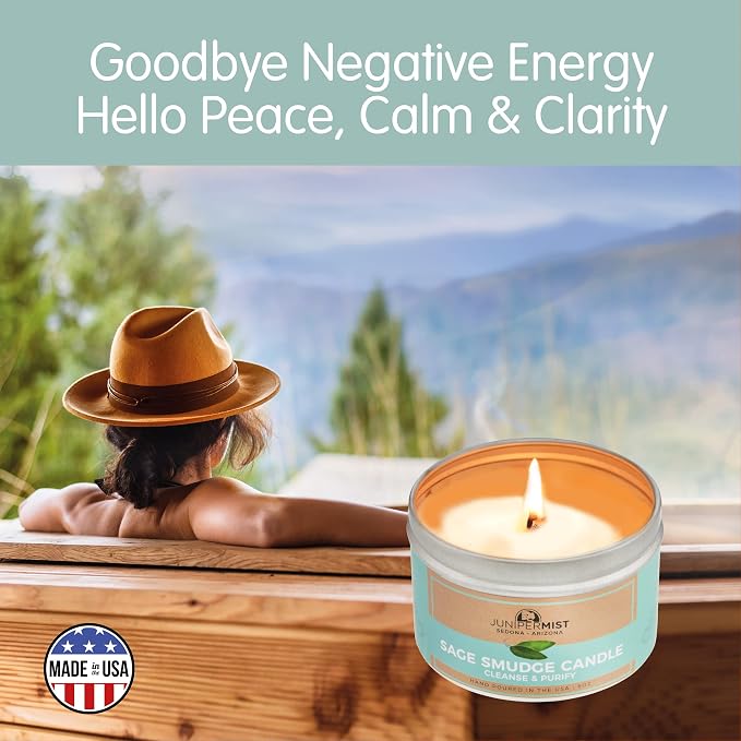 Sage Candle (6 Oz) - for Meditation & Cleansing Negative Energy - Made in USA with Soy Wax, Essential Oils, Real Sage - Smokeless Alternative to Smudge Sticks