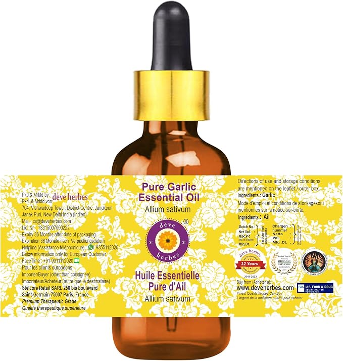 dève herbes Garlic Essential Oil (Allium sativum) with Glass Dropper | Pure | Non-Sticky | Non-Greasy | Lightweight | Men & Women | All Skin Types | Steam Distilled 50ml (1.69 oz)