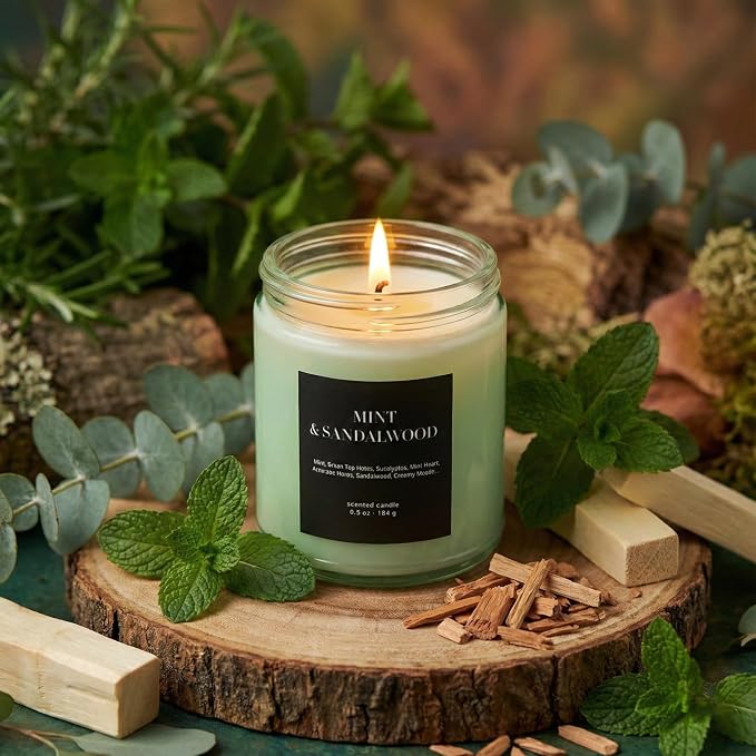 Mint & Sandalwood Scented Candle 6.5oz – CW Studio Color-Sprayed Glass Jar, Fresh Cool Mint & Warm Wood Aroma – Bathroom Kitchen Office Gift Candle, Mother's Day & Housewarming – 30-35 Hour Burn