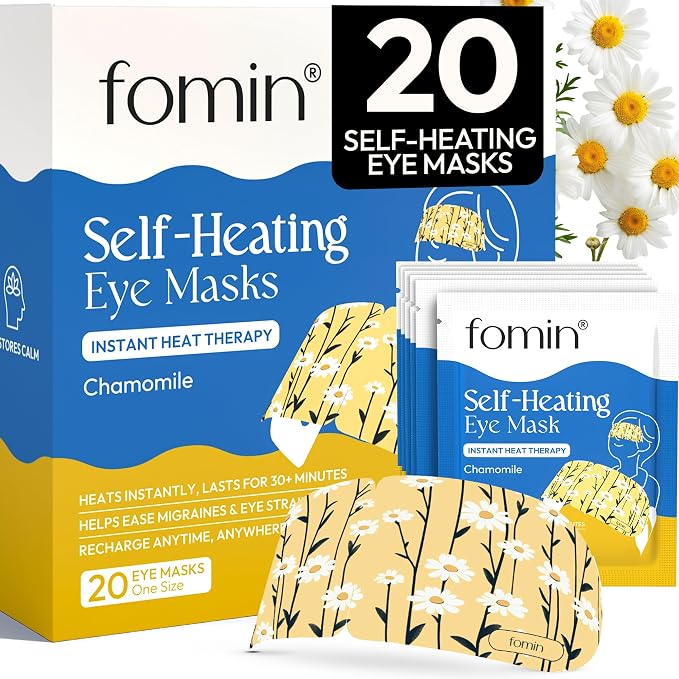 Fomin Steam Eye Mask - 20 Pack - Chamomile - Self Heating Warm Compress for Dry Eyes, Puffy Eyes & Dark Circles, Disposable Sleep Mask for Home, Spa, Travel Essentials & Relaxation Gifts for Women
