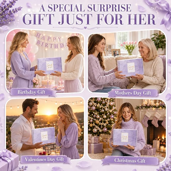 gisgfim 14Pcs Birthday Gifts for Women Spa Gift Basket Set Relaxing Home Products Self Care Kit Includes Mirror Socks Steamers Bath Robe for Women Mother's Day Her Friend Sister Wife Grandma (Purple)