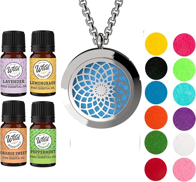 Wild Essentials Sun Mandala Necklace Essential Oil Diffuser Kit with Lavender, Lemongrass, Peppermint, Orange Oils, 12 Refill Pads, Calming Aromatherapy Gift Set, Customizable Color Changing, Perfume