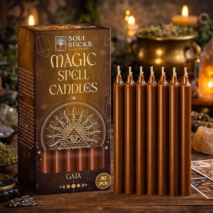 SOUL STICKS Gaia Magic Spell Chime Taper Candles 20 Pack - Ideal for Altar, Rituals, Ceremonies, Meditation Brown Chime Candle for Witchcraft Supplies, Wiccan Supplies, Candles Clearance