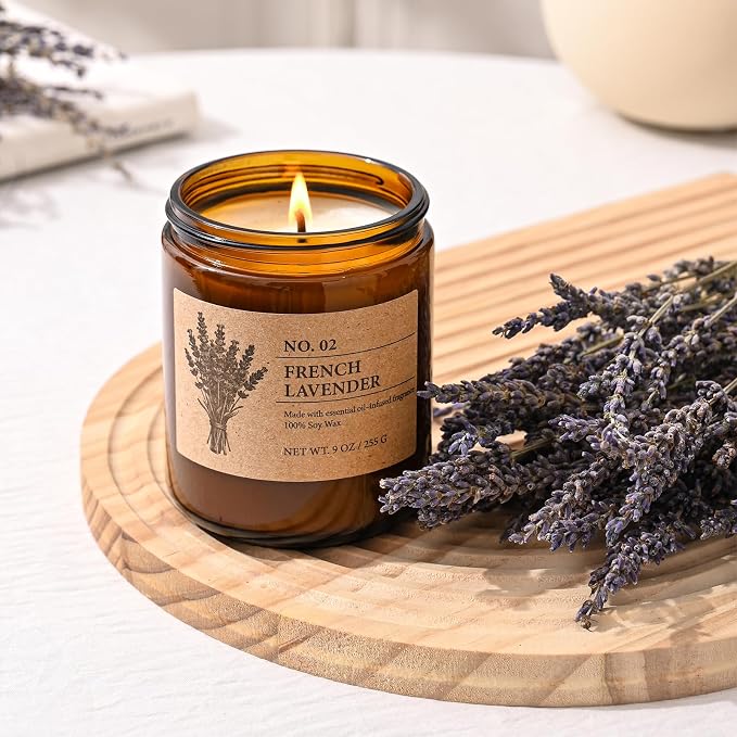 Soy Candles Set of 4, 9oz Natural Soy Wax Aromatherapy Candles, Home Scented Candles with 4 Scents (Lavender, Amber Sandalwood, White Sage, Coconut Vanilla), Gifts for Mom, Women, Relaxation, Yoga