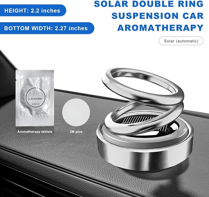 Solar Rotating Car Air Freshener, Solar Energy Refillable Car Dashboard Aromatherapy Ornament, Double Ring Fragrance Diffuser Decorative Accessories for Vehicle Home Office (Silver)