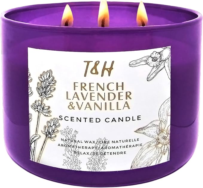 French Lavender Vanilla 3-Wick Scented Candle | 15.8 oz Large Soy Aromatherapy Candle for Home | Clean Burn Long Lasting | Relaxing Floral Vanilla Scent | Cozy Gifts for Women & Men