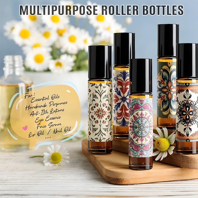 Roller Bottles for Essential Oils Roll On Bottles 6 Pack, 10ml Amber Rollerball Bottle Thick Glass Empty with Oil Perfume Lip Gloss DIY Kits Boho Stickers Leak-Proof Refillable for Travel, Gift