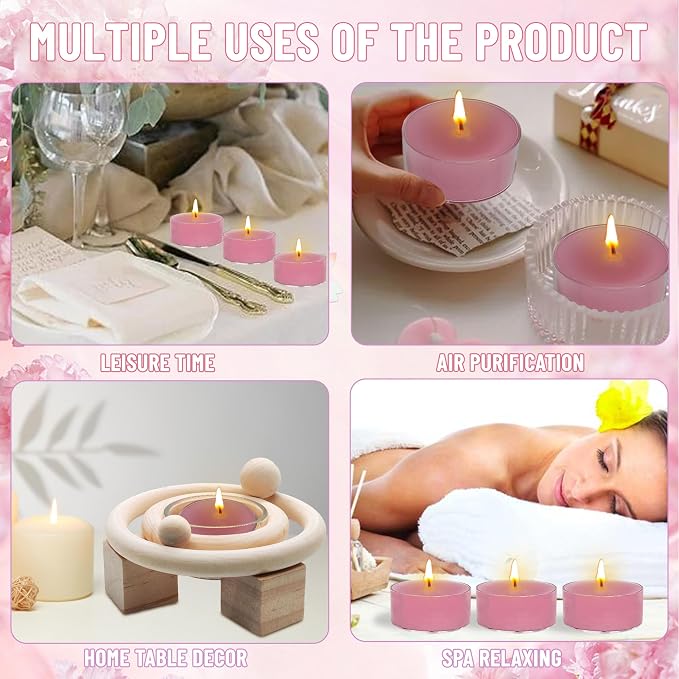 Hand-Poured Cherry Blossom Scented Tea Light Candle 4 Hours Clean Burning Rose Pink Round Tea Light Candle for Wedding Spa Nights Meditation Yoga Bath Relaxation