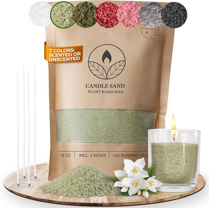 comforder Scented Candle Sand with Wicks, Pearled Candle, Wax Granules, 14oz Sand Wax Granules + 4 Wicks (Light Green, Jasmine)