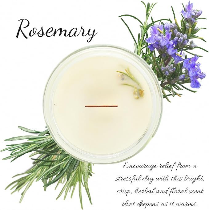 Rosemary Scented Essential Oil Candle 7 oz, Hand Crafted Pure Soy Wax Candle with Wooden Wick, Dried Botanicals, 54 Hour Burn Time, Natural Aromatherapy Glass Jar Candle with Lid by Lathered Artisan