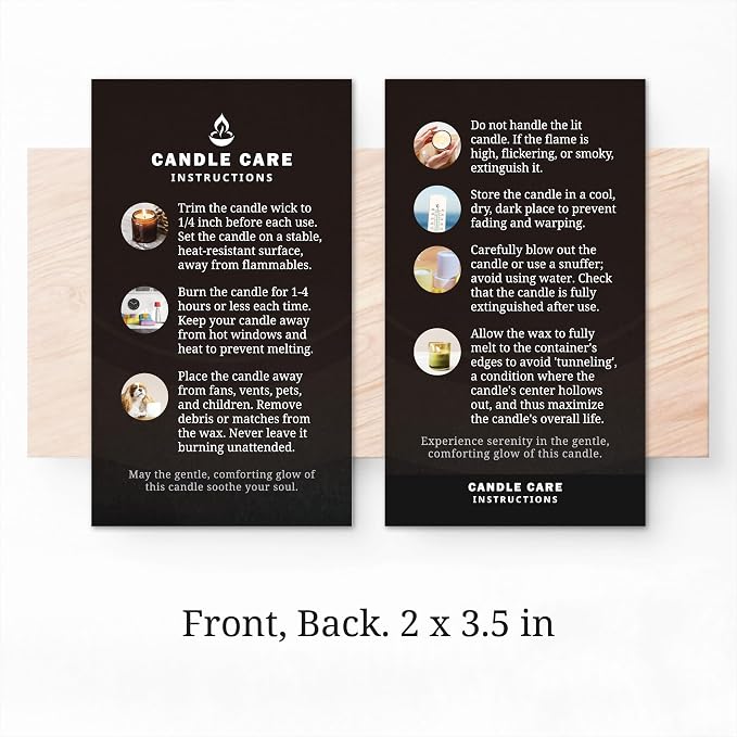 200 pack - Premium Handmade Candle Care Instruction Cards Black 2x3.5 in, Small Business | Soy Bees Wax Melt, Candle Makers, Making Supplies Kit Set, Containers, Jars, Pot, Package