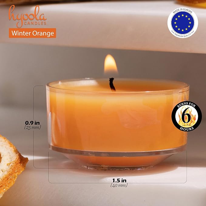 HYOOLA Scented Tealight Candles - Clear Cup - Winter Orange Tealight Candles Scented - 6 Hour Burn Time - 15 Pack - European Made