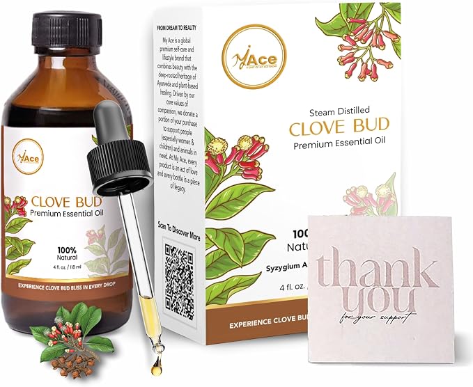 My ACE Clove Bud Essential Oil 4 Fl Oz - 100% Pure & Natural - Premium Grade for Aromatherapy, Diffuser, Skin, Hair, Massage, Candle, Soap Making, Home - Glass Bottle with Dropper - Long Lasting Scent