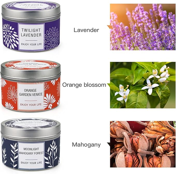 Scented Candle Gift Set for Women, 3 Pack Large Soy Wax Candles in Tins, 6.2 oz Each, 30-35 Hr Burn, Lavender, Orange Blossom & Mahogany Woods
