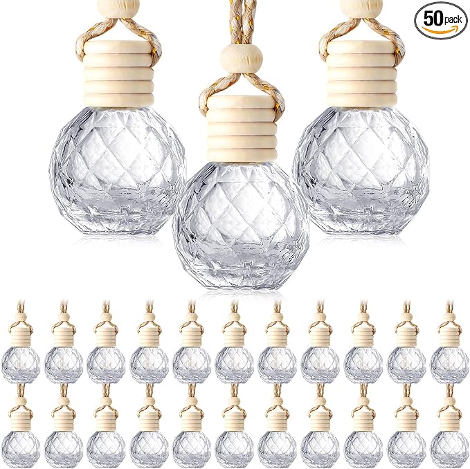 BBTO 50 Pcs Hanging Car Air Freshener Car Diffuser Bottles Empty Glass Perfume Bottle Freshener Diffuser Bottle Pendant for Essential Oil Fragrance Aromatherapy Ornament(Round Diamond)