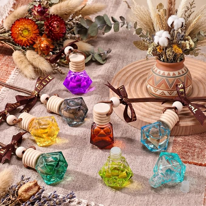 Mudder 50 Pcs Gradient Hanging Car Air Freshener Car Diffuser Bottle Pendant Empty Glass Perfume Bottle for Essential Oil Fragrance Aromatherapy Ornament Wedding Employee Gifts(Rhombus,Colorful)