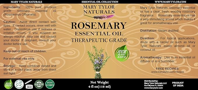 Rosemary Essential Oil (4 oz) Premium Therapeutic Grade, 100% Pure and Natural, Perfect for Aromatherapy, Diffuser, DIY by Mary Tylor Naturals