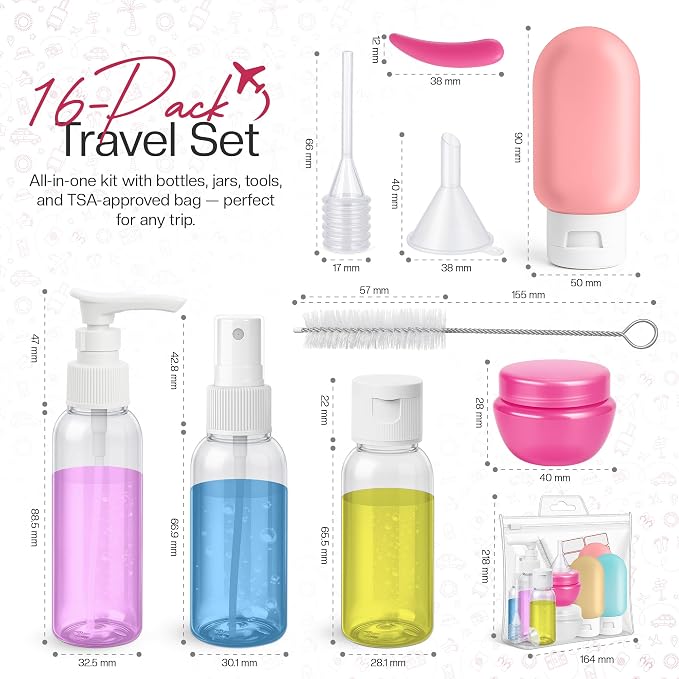 16 Pack Travel Bottles - Travel Essentials for Toiletries - TSA Approved Size - Empty Plastic Bottles with Sticker Sheet, Funnels, Spray Bottle & Carry Bag - For Shampoo, Lotion, Oil & Sanitizer