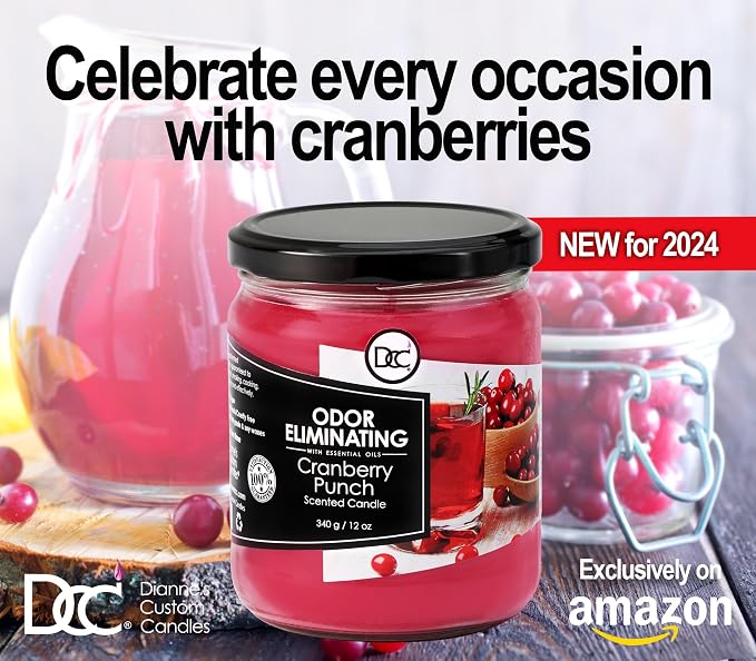 Cranberry Punch Odor Eliminating Highly Fragranced Candle - Eliminates 95% of Pet, Smoke, Food, and Other Smells Quickly - Up to 80 Hour Burn time - 12 Ounce Premium Soy Blend
