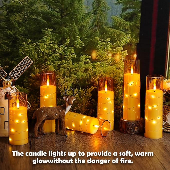 Sasigeiaa Flameless Candles with Embedded Star String - Battery Operated LED Candles, with Remote,12 Gold Flickering Candles for Christmas, Weddings, Home Decor & Party,(D 2.3"×H 5" 6" 7")