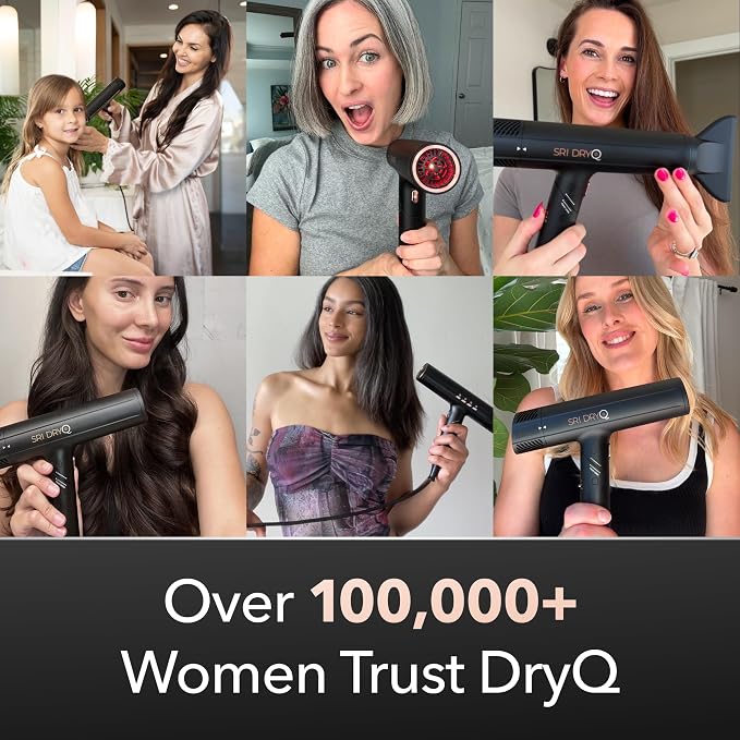 SRILabs DryQ “Smart” Hair Dryer - Super Lightweight, Foldable - Powerful, Quiet Motor - Infrared and Ionic Technology - 3 Magnetic Attachments - Heat Control with Locking Switch