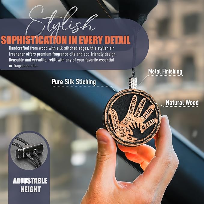 Handmade Wood Car Air Freshener — Father’s Hands Designed Refillable Essential Oil Diffuser — Long Lasting Mountain Rain Fragrance Oil 10 ml — Car Accessories Gift Box